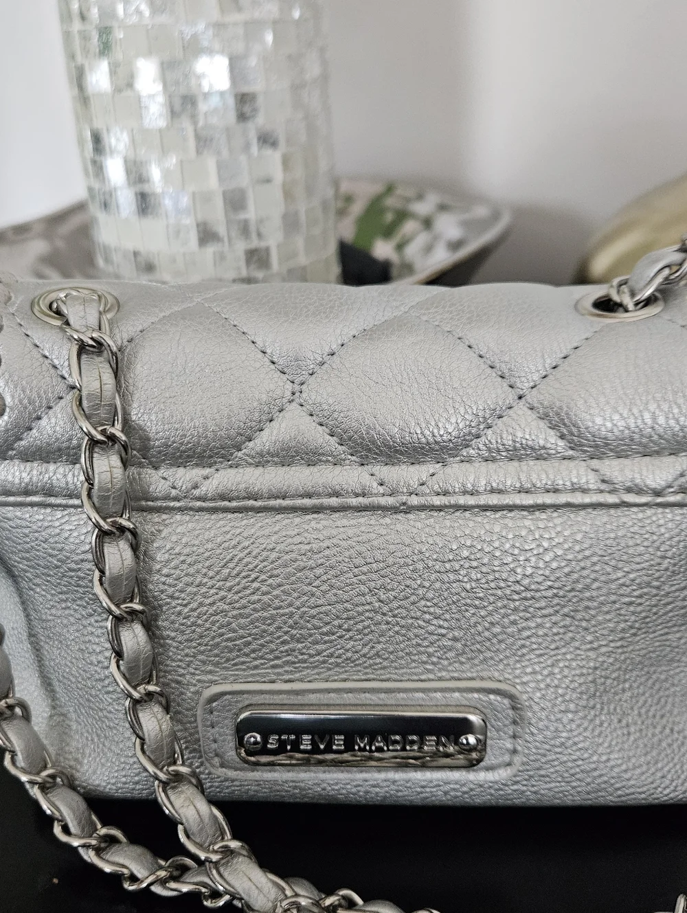 Steve Madden Quilted Metallic Silver Chain Shoulder Bag - Picture 4 of 16